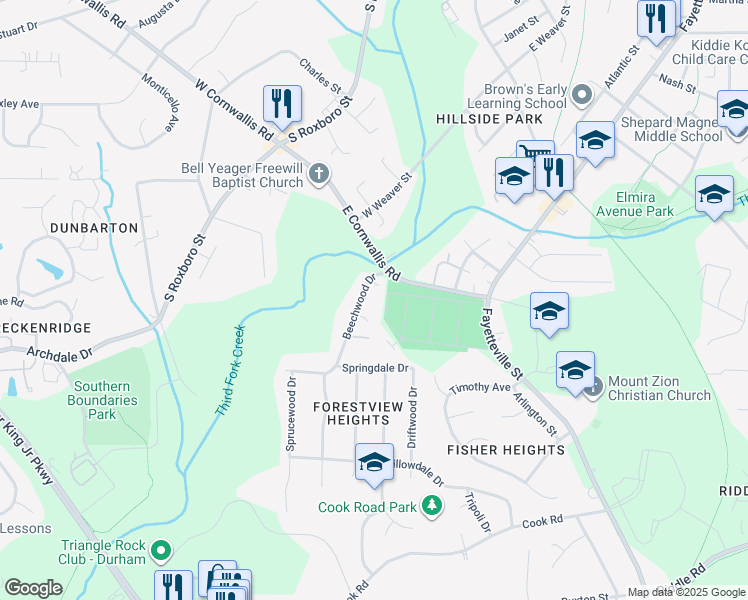 map of restaurants, bars, coffee shops, grocery stores, and more near 2811 Beechwood Drive in Durham