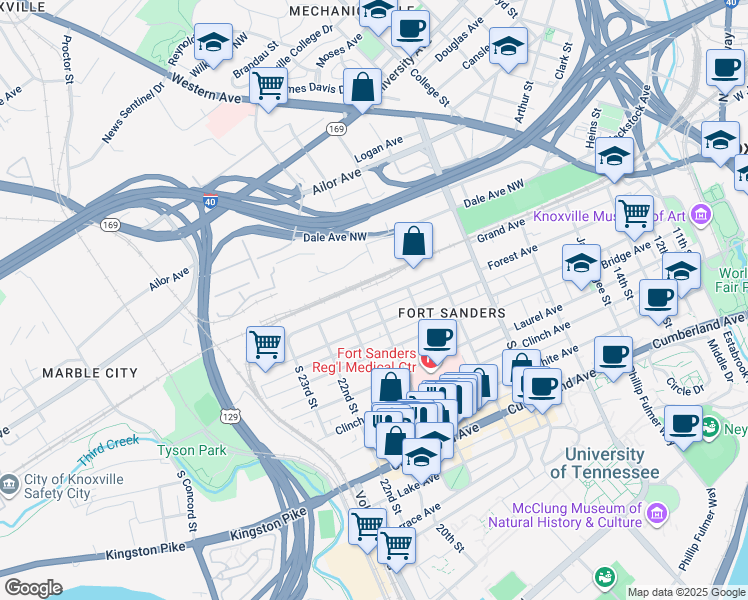 map of restaurants, bars, coffee shops, grocery stores, and more near 2050 Grand Avenue in Knoxville