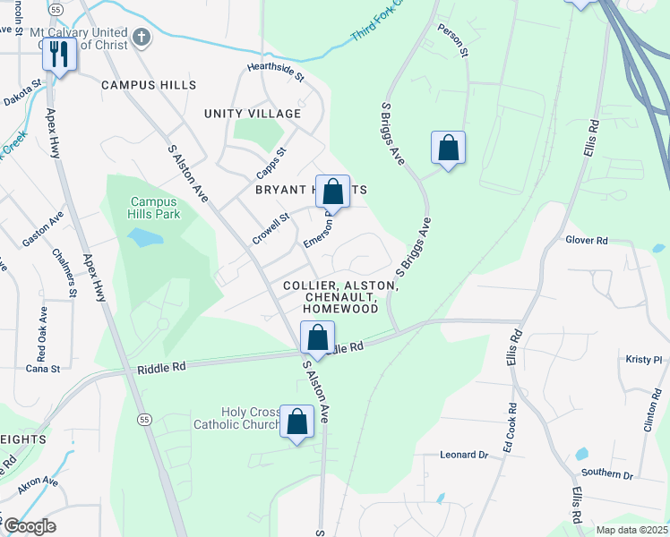map of restaurants, bars, coffee shops, grocery stores, and more near 1911 Collier Drive in Durham