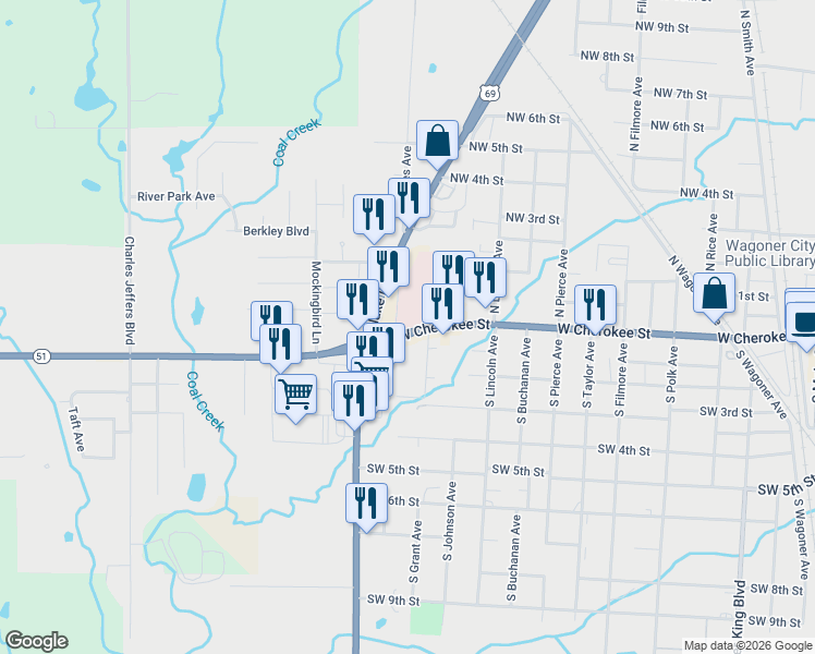 map of restaurants, bars, coffee shops, grocery stores, and more near 100-198 South Grant Avenue in Wagoner