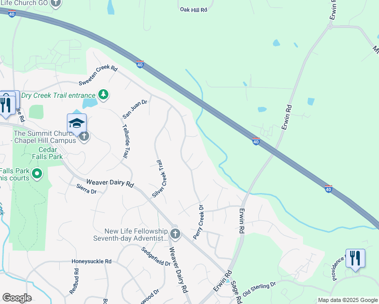 map of restaurants, bars, coffee shops, grocery stores, and more near 105 Old Markham Place in Chapel Hill