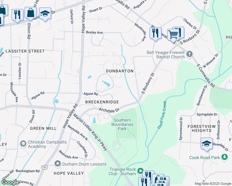 map of restaurants, bars, coffee shops, grocery stores, and more near 12 Hartford Court in Durham