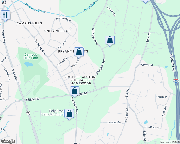 map of restaurants, bars, coffee shops, grocery stores, and more near 1900 Collier Road in Durham
