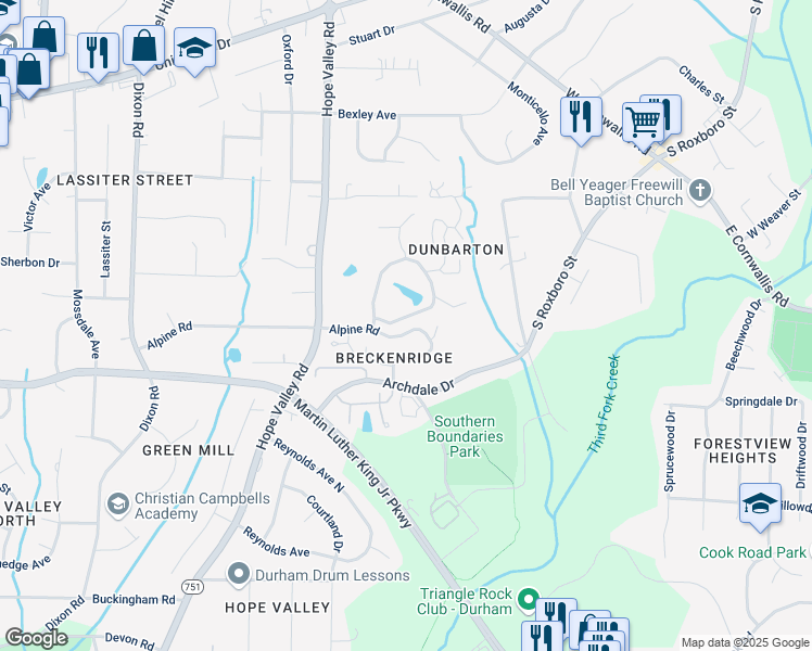 map of restaurants, bars, coffee shops, grocery stores, and more near 2231 Alpine Road in Durham