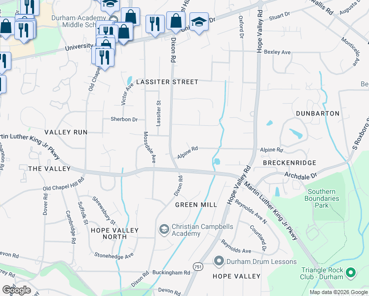 map of restaurants, bars, coffee shops, grocery stores, and more near 2515 Alpine Road in Durham