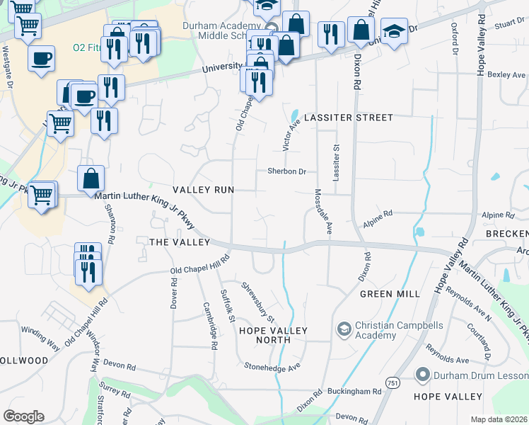 map of restaurants, bars, coffee shops, grocery stores, and more near 10 Silverbush Court in Durham