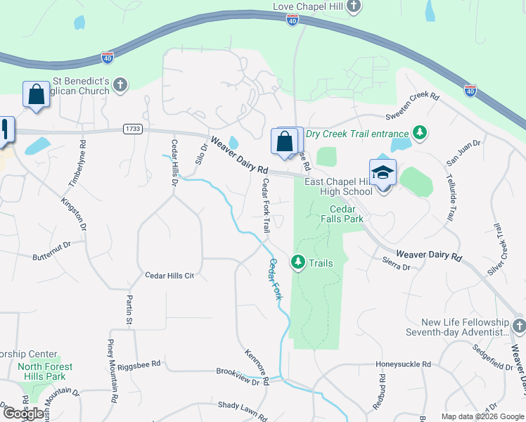 map of restaurants, bars, coffee shops, grocery stores, and more near 905 Cedar Fork Trail in Chapel Hill