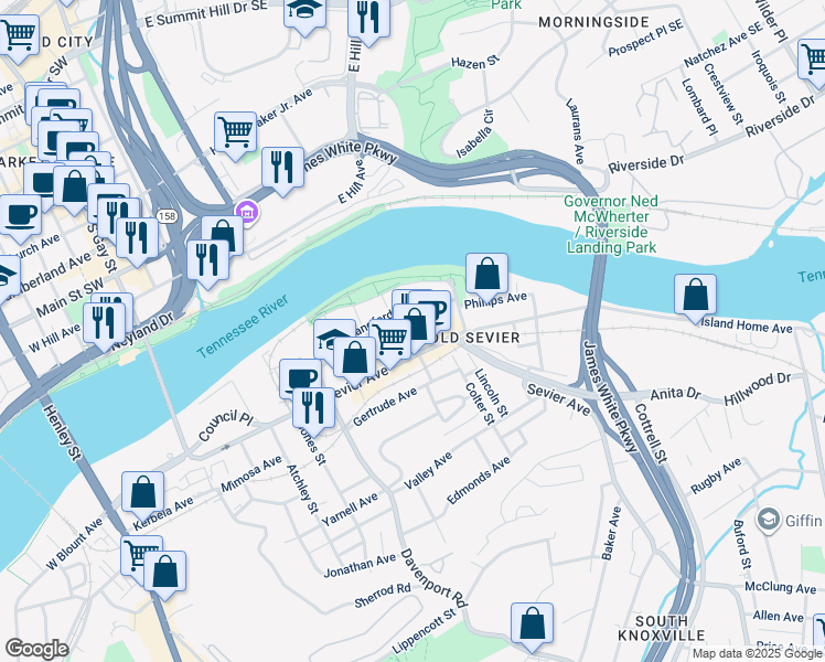 map of restaurants, bars, coffee shops, grocery stores, and more near 1119 Sevier Avenue in Knoxville