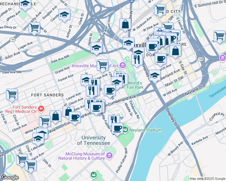 map of restaurants, bars, coffee shops, grocery stores, and more near in Knoxville