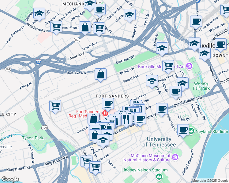 map of restaurants, bars, coffee shops, grocery stores, and more near in Knoxville