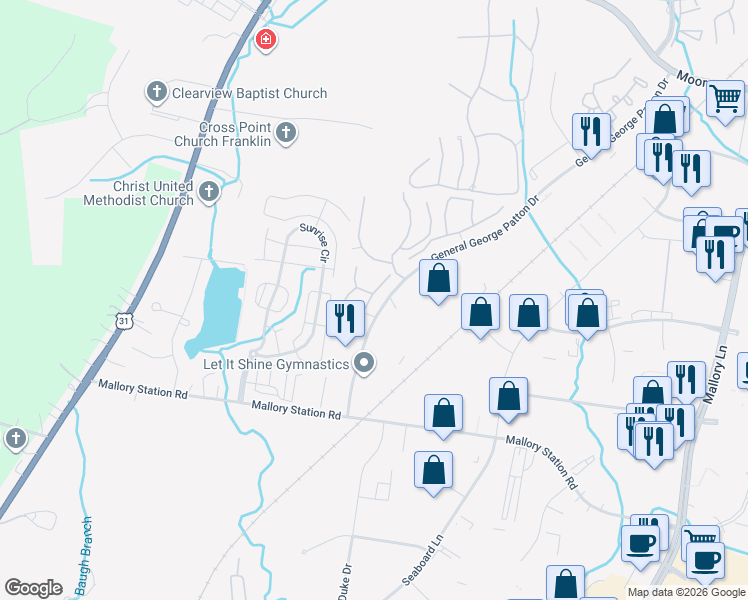 map of restaurants, bars, coffee shops, grocery stores, and more near 1503 Brentwood Pointe in Brentwood