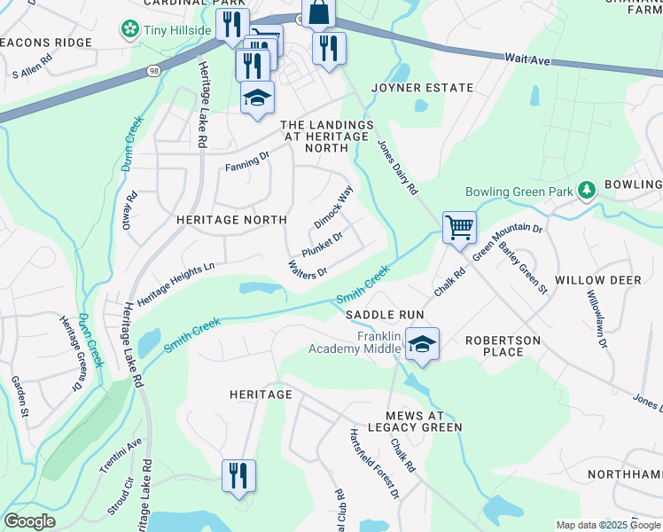map of restaurants, bars, coffee shops, grocery stores, and more near 621 Walters Drive in Wake Forest