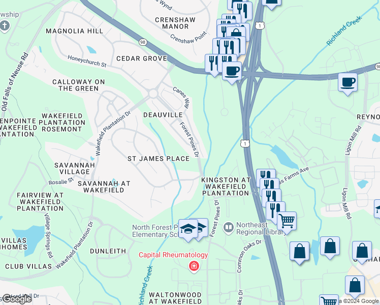 map of restaurants, bars, coffee shops, grocery stores, and more near 12209 Beestone Lane in Raleigh