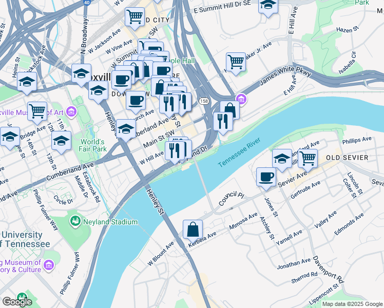 map of restaurants, bars, coffee shops, grocery stores, and more near 1023 South Gay Street in Knoxville