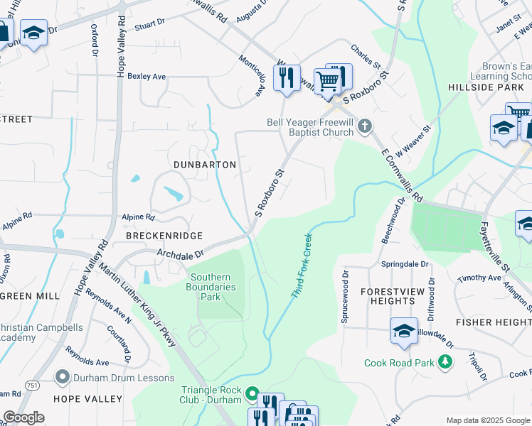map of restaurants, bars, coffee shops, grocery stores, and more near 2915 South Roxboro Street in Durham