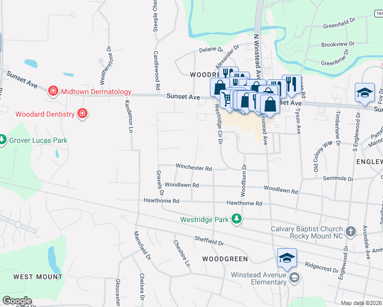 map of restaurants, bars, coffee shops, grocery stores, and more near 3808 Winchester Rd in Rocky Mt