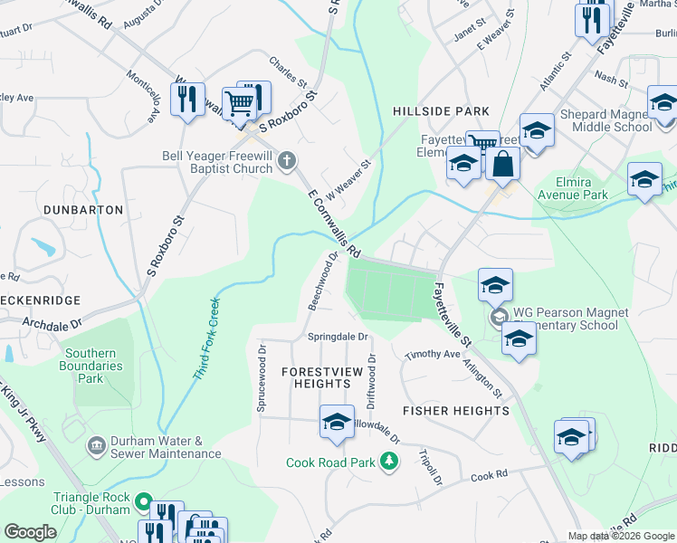 map of restaurants, bars, coffee shops, grocery stores, and more near 2811 Beechwood Drive in Durham