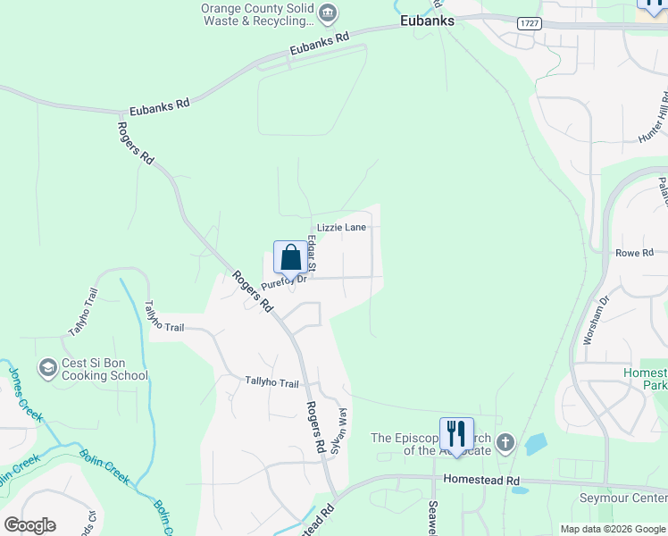 map of restaurants, bars, coffee shops, grocery stores, and more near 1717B Purefoy Drive in Chapel Hill