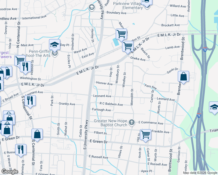 map of restaurants, bars, coffee shops, grocery stores, and more near 1224 Pearson Place in High Point