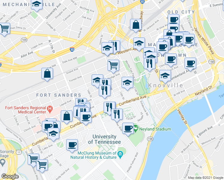 map of restaurants, bars, coffee shops, grocery stores, and more near 599 14th Street in Knoxville