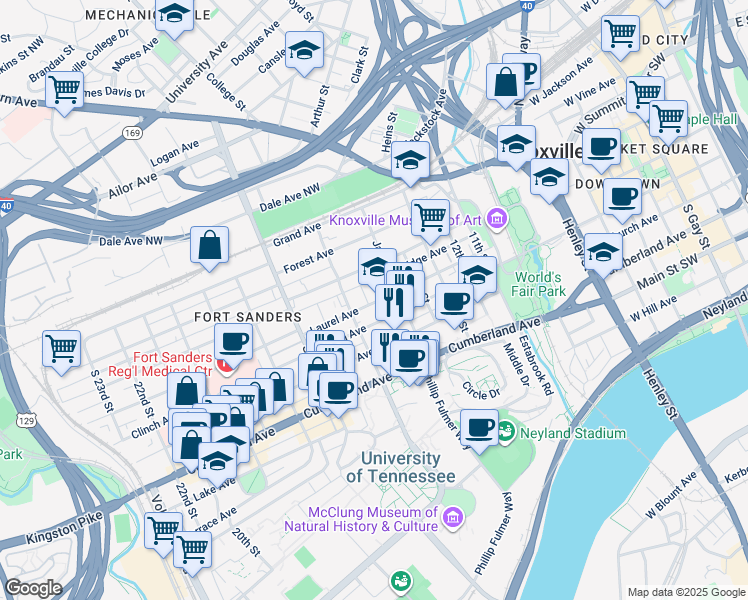 map of restaurants, bars, coffee shops, grocery stores, and more near 1547 Clinch Avenue in Knoxville