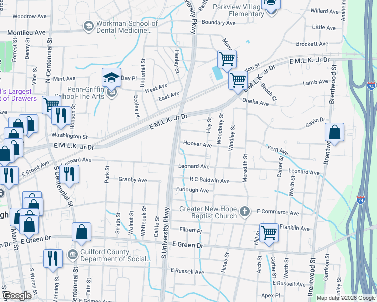 map of restaurants, bars, coffee shops, grocery stores, and more near 1208 Pearson Place in High Point