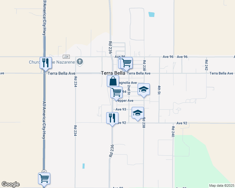 map of restaurants, bars, coffee shops, grocery stores, and more near 23648-23698 Pepper Ave in Terra Bella
