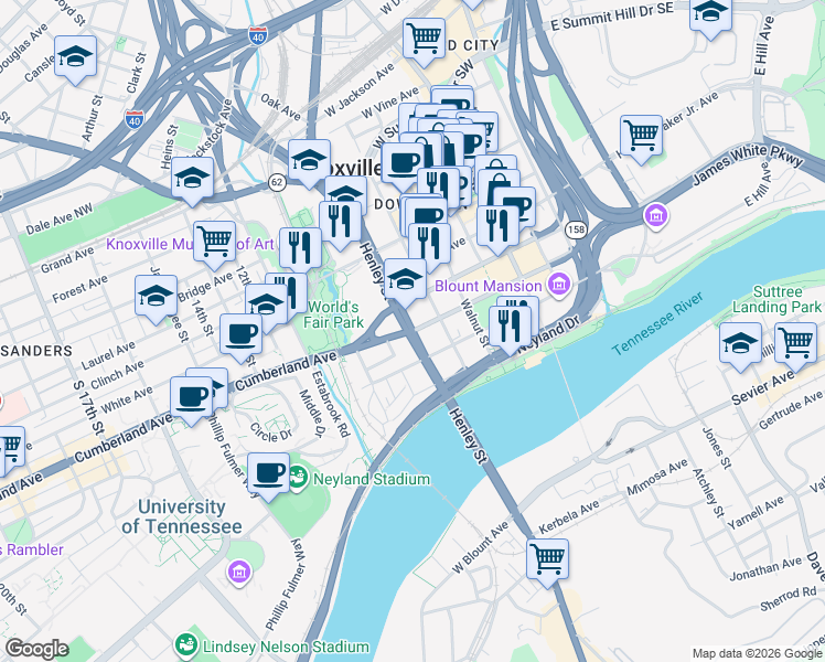 map of restaurants, bars, coffee shops, grocery stores, and more near 1221 Main Street West in Knoxville