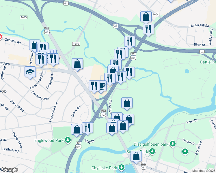 map of restaurants, bars, coffee shops, grocery stores, and more near 2404 Sunset Avenue in Rocky Mount
