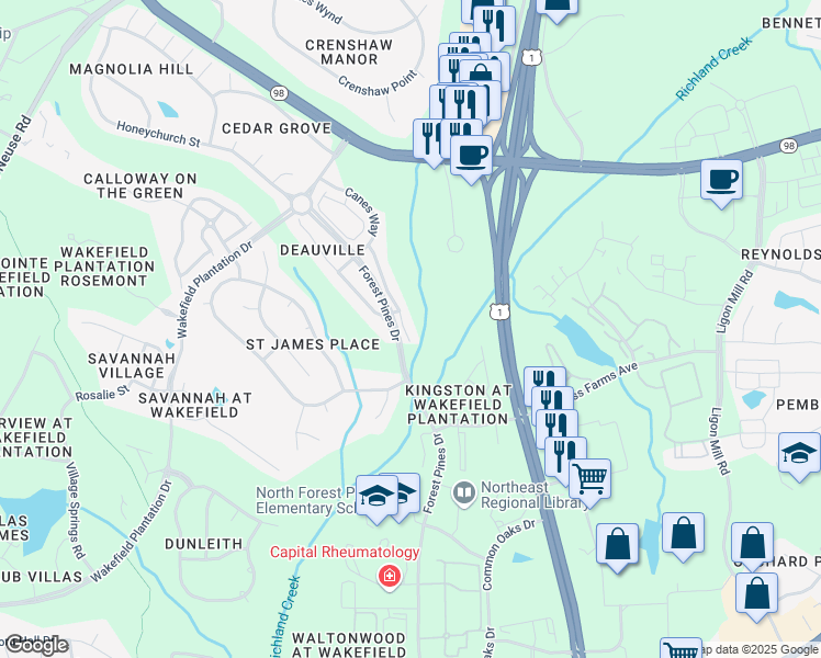 map of restaurants, bars, coffee shops, grocery stores, and more near 12008 Fox Valley Street in Raleigh