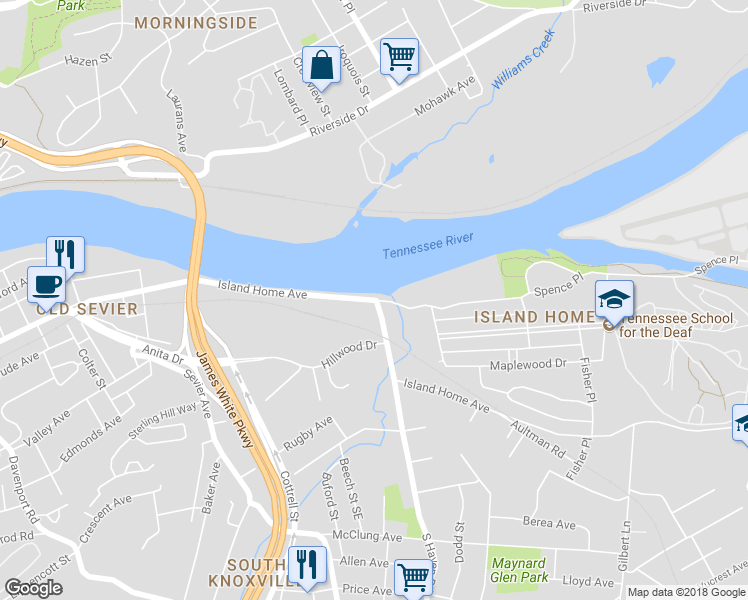 map of restaurants, bars, coffee shops, grocery stores, and more near 1799 Island Home Avenue in Knoxville