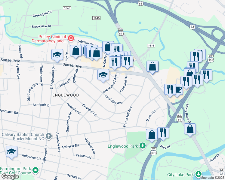 map of restaurants, bars, coffee shops, grocery stores, and more near 223 South Circle Drive in Rocky Mount