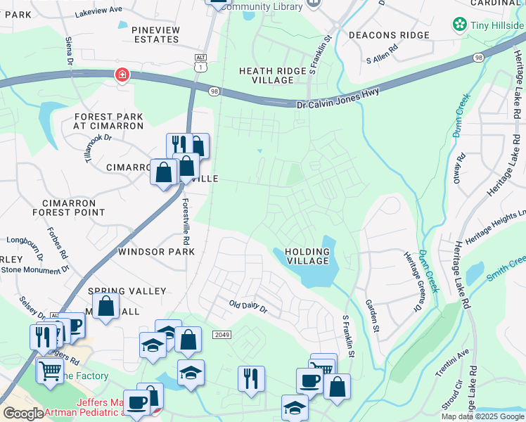 map of restaurants, bars, coffee shops, grocery stores, and more near 1432 Holding Village Way in Wake Forest