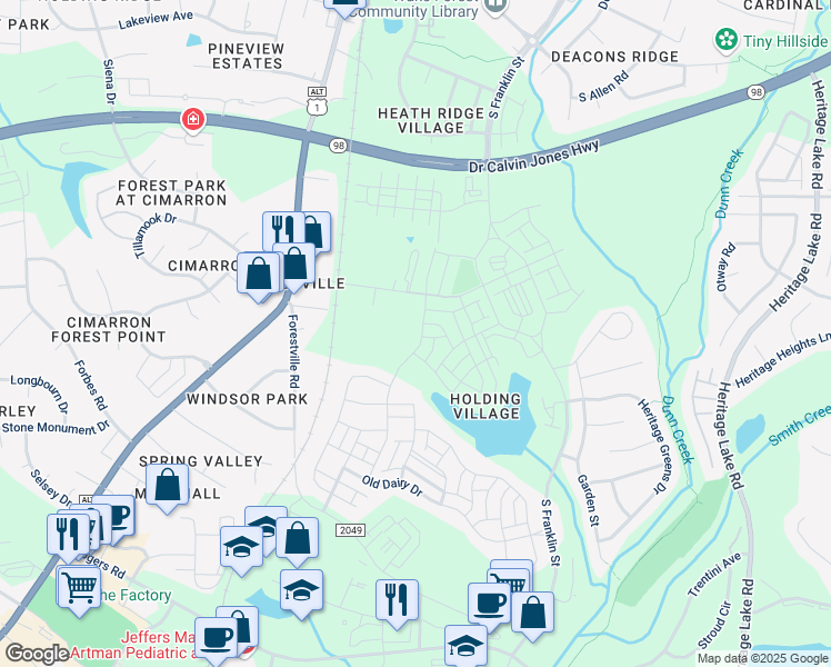 map of restaurants, bars, coffee shops, grocery stores, and more near 1432 Holding Village Way in Wake Forest