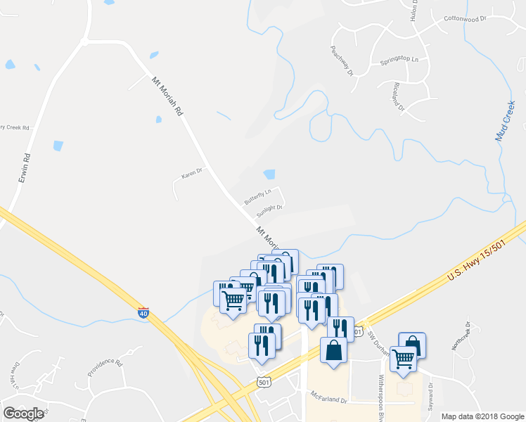 map of restaurants, bars, coffee shops, grocery stores, and more near 5507 Sunlight Drive in Durham