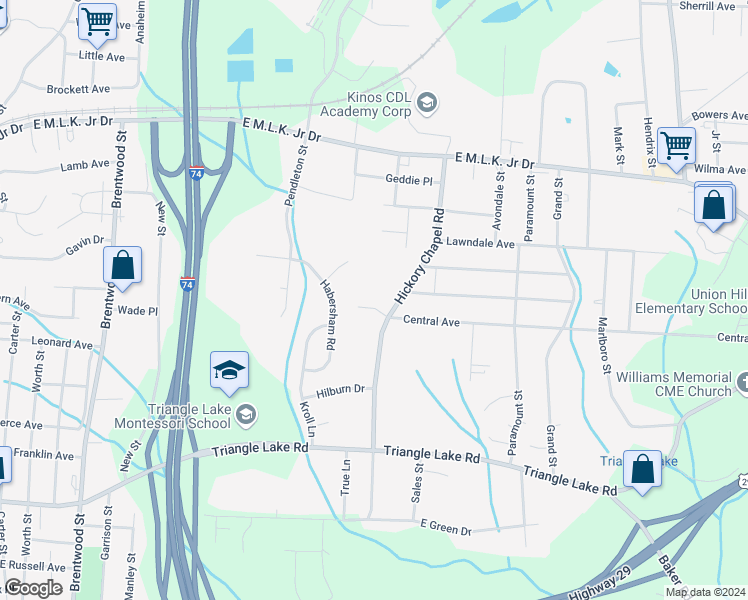 map of restaurants, bars, coffee shops, grocery stores, and more near 2617 Central Avenue in High Point