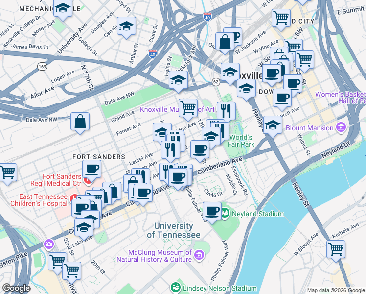 map of restaurants, bars, coffee shops, grocery stores, and more near 1401 Clinch Avenue in Knoxville