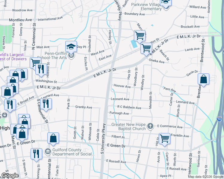 map of restaurants, bars, coffee shops, grocery stores, and more near 1208 Pearson Place in High Point