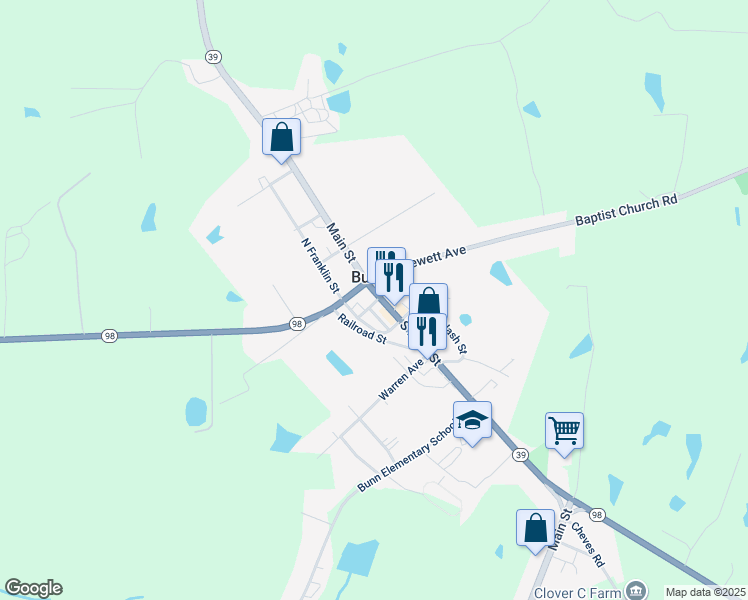 map of restaurants, bars, coffee shops, grocery stores, and more near 316 South Main Street in Bunn