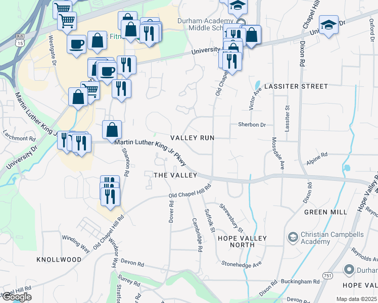 map of restaurants, bars, coffee shops, grocery stores, and more near 1764 Martin Luther King Junior Parkway in Durham