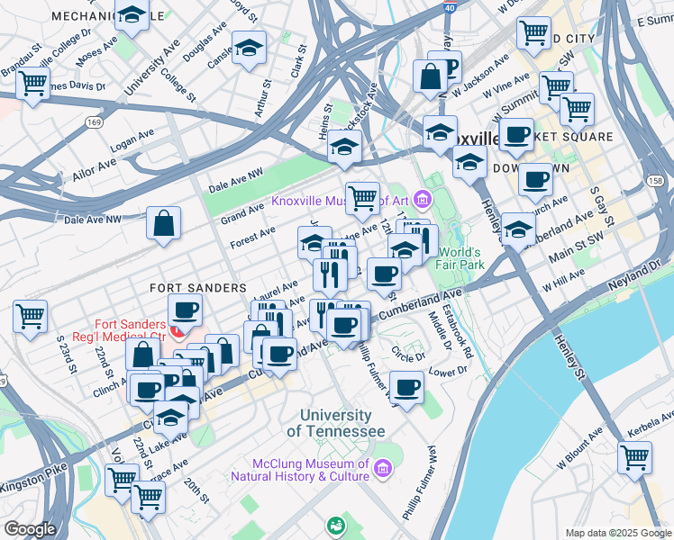 map of restaurants, bars, coffee shops, grocery stores, and more near 1519 White Avenue in Knoxville