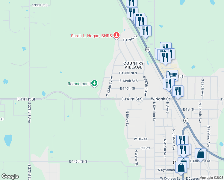map of restaurants, bars, coffee shops, grocery stores, and more near 14061 South 284th East Avenue in Coweta