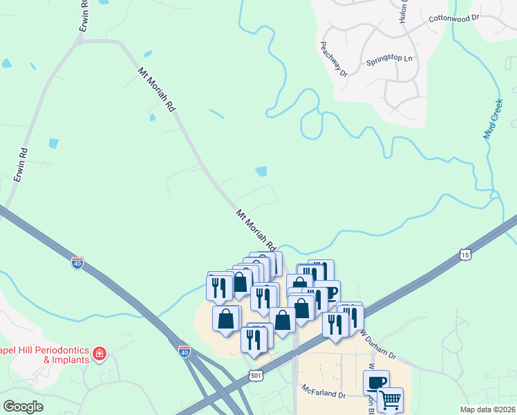 map of restaurants, bars, coffee shops, grocery stores, and more near 3111 Mount Moriah Road in Durham