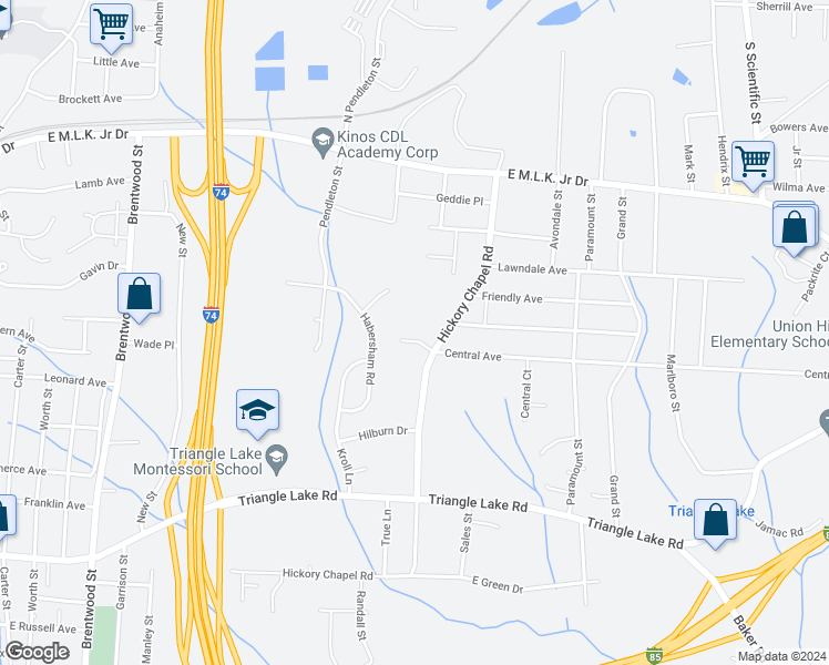 map of restaurants, bars, coffee shops, grocery stores, and more near 2615 Central Avenue in High Point