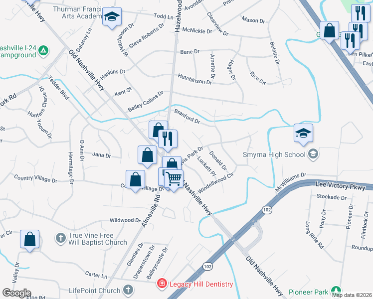 map of restaurants, bars, coffee shops, grocery stores, and more near 101 Vanderford Lane in Smyrna