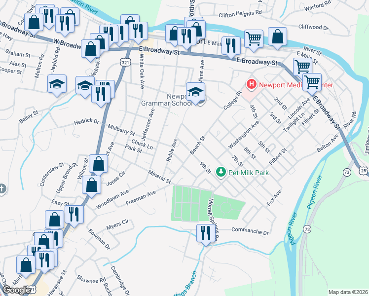 map of restaurants, bars, coffee shops, grocery stores, and more near 307 10th Street in Newport