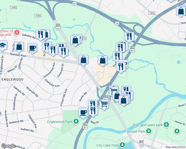 map of restaurants, bars, coffee shops, grocery stores, and more near 2404 Sunset Avenue in Rocky Mount