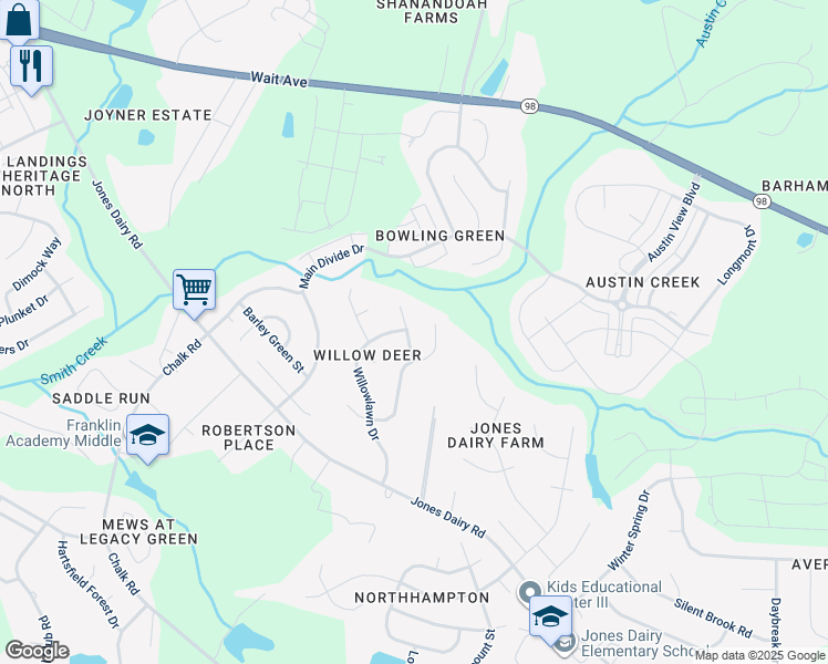 map of restaurants, bars, coffee shops, grocery stores, and more near 6316 Willowdell Drive in Wake Forest