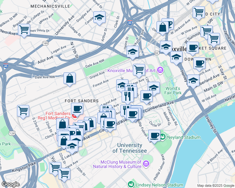 map of restaurants, bars, coffee shops, grocery stores, and more near 1533 Laurel Avenue in Knoxville