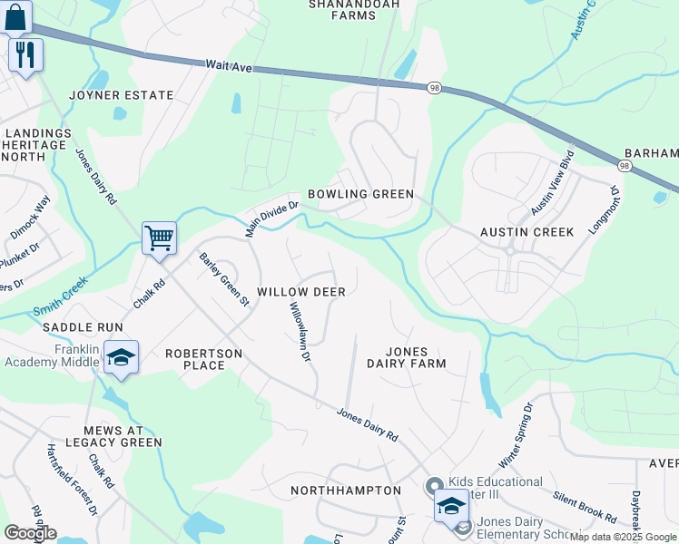 map of restaurants, bars, coffee shops, grocery stores, and more near 6316 Willowdell Drive in Wake Forest